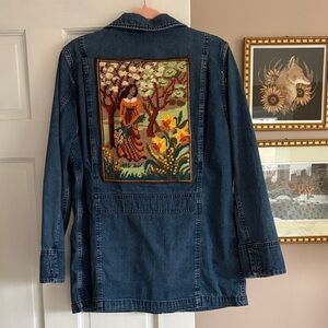Eddie Bauer Denim Jacket with Embroidered Needlepoint of Springtime Scene